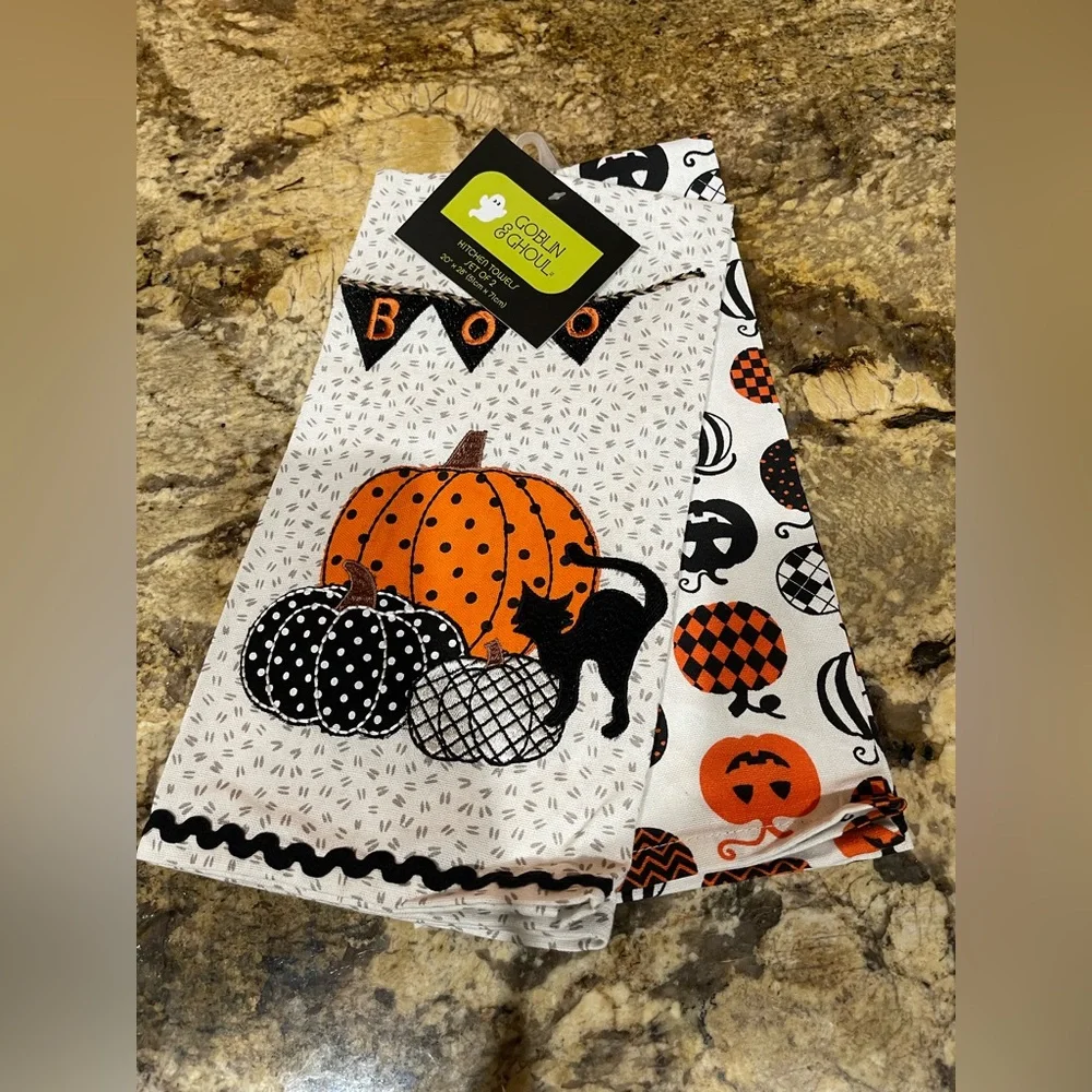 Goblin & Ghoul enbroidered kitchen towels set BOO, pumpkins spooky cat NEW!